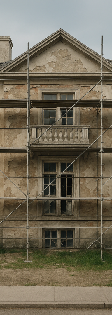 Façade abîmée d'une maison individuelle en rénovation, montage échafaudage à Nice Rénovation de façade d'une maison individuelle